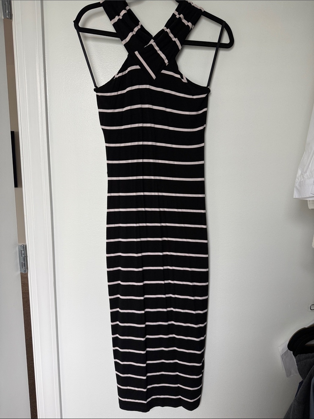 Ted Baker Black and White Striped Cross-Back Maxi Dress